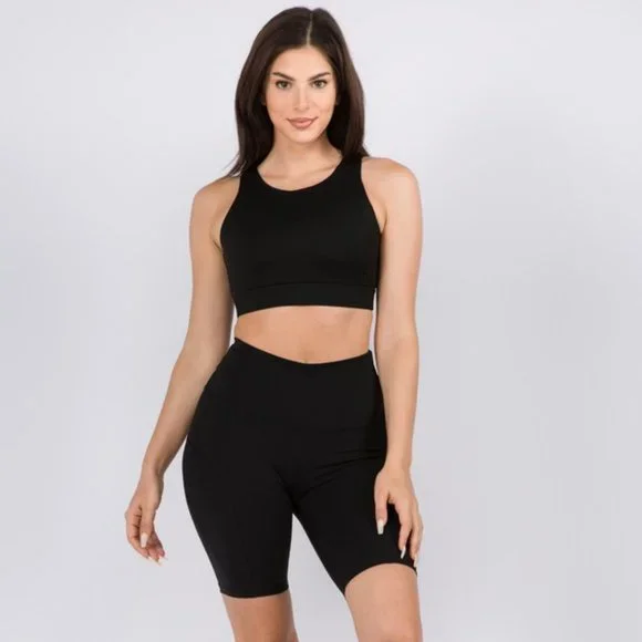 Lattice Open Back Activewear Sports Bra Strappy Back Plain Black Athletic - Picture 4 of 4